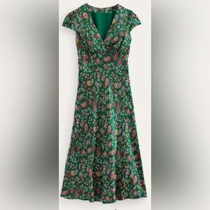 BODEN, Satin Empire Midi Tea Dress, Green, Dandelion Paisley